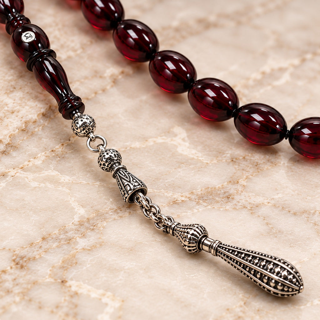 Koyu Bordo Özel Püsküllü Kehribar Tesbih